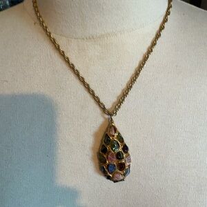 Gold Necklace with Multicolor Teardrop Pendant